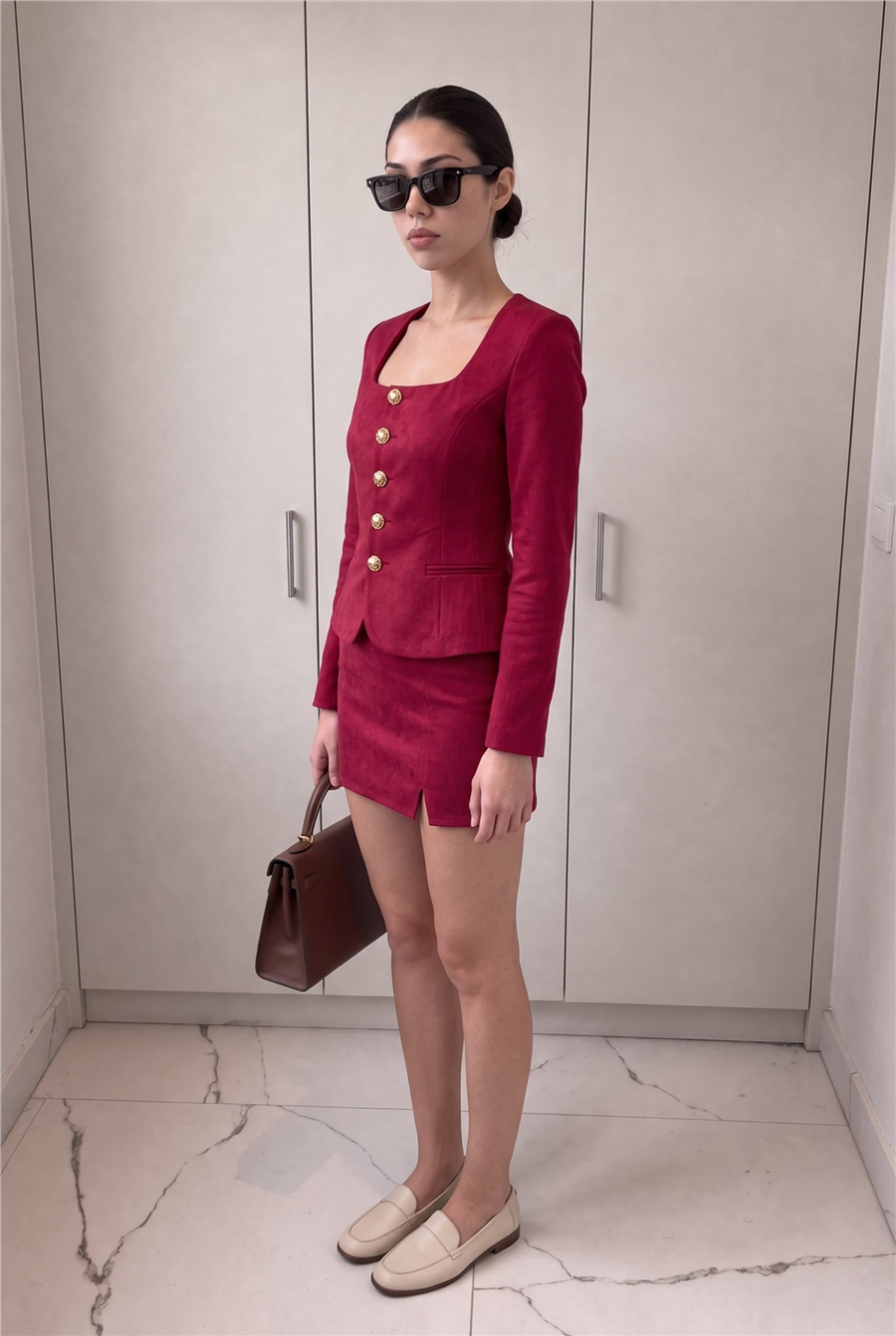 Luna Button Suit Süet Bordo