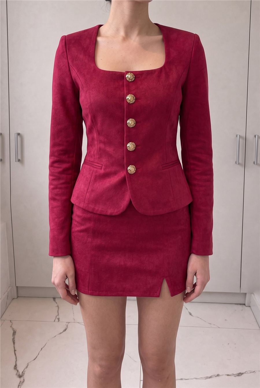 Luna Button Suit Süet Bordo