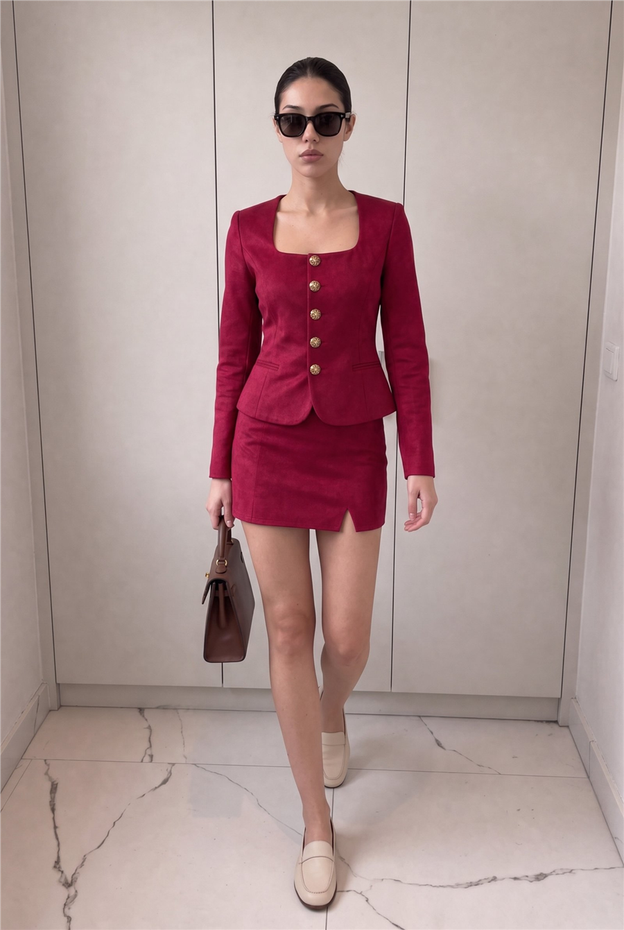 Luna Button Suit Süet Bordo