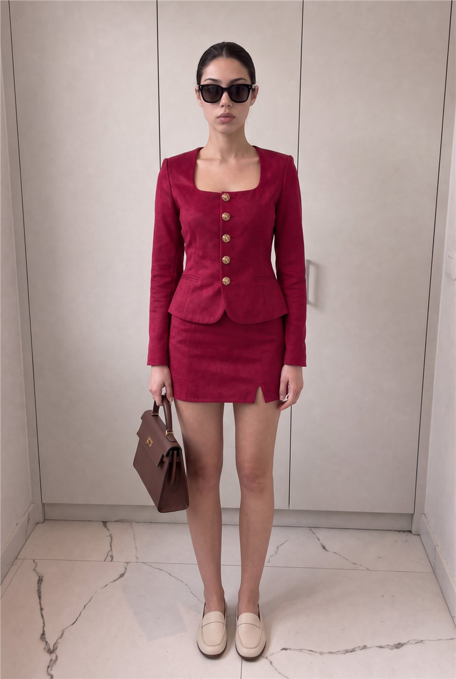 Luna Button Suit Süet Bordo