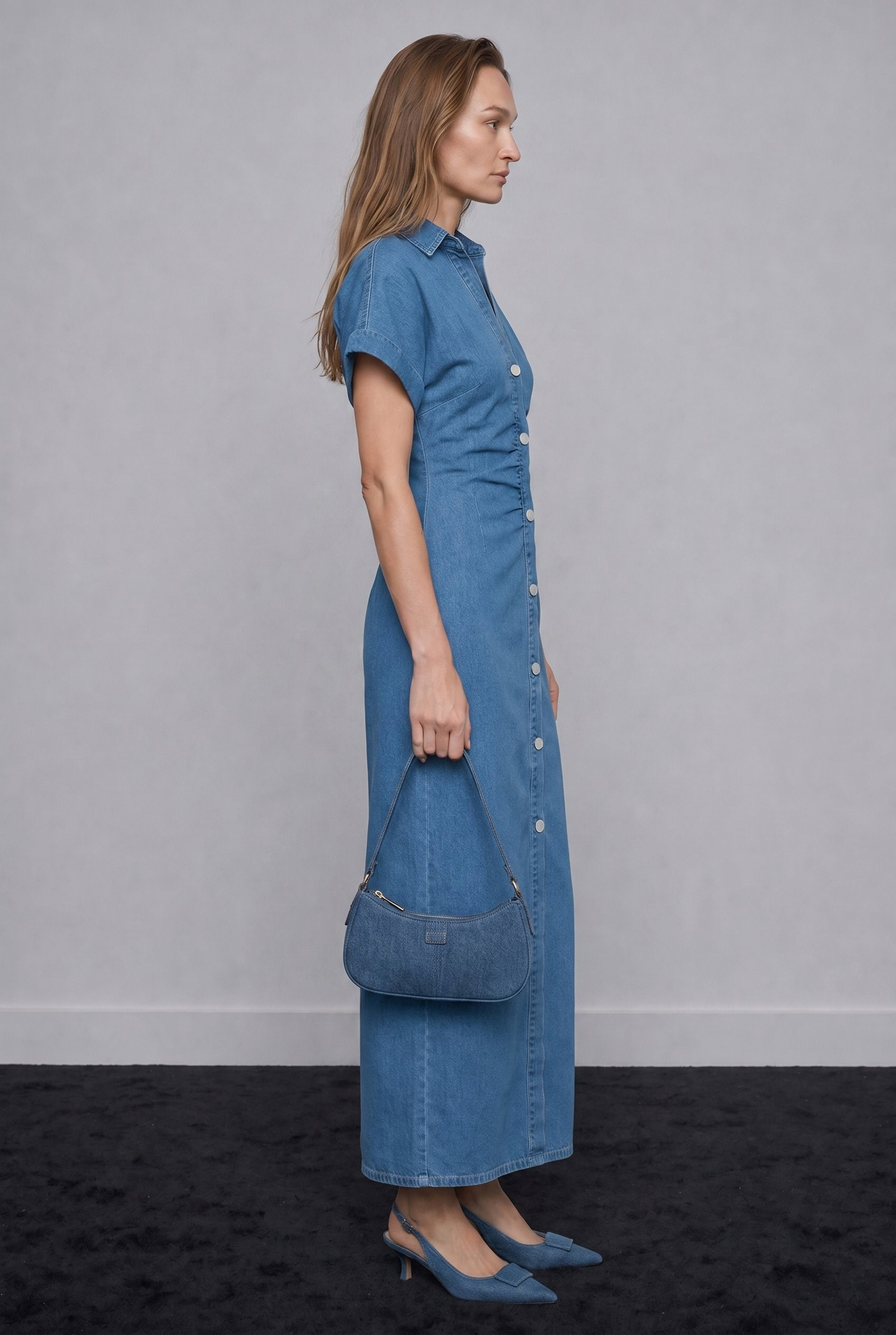 Melinda Drapeli Denim Elbise Mavi