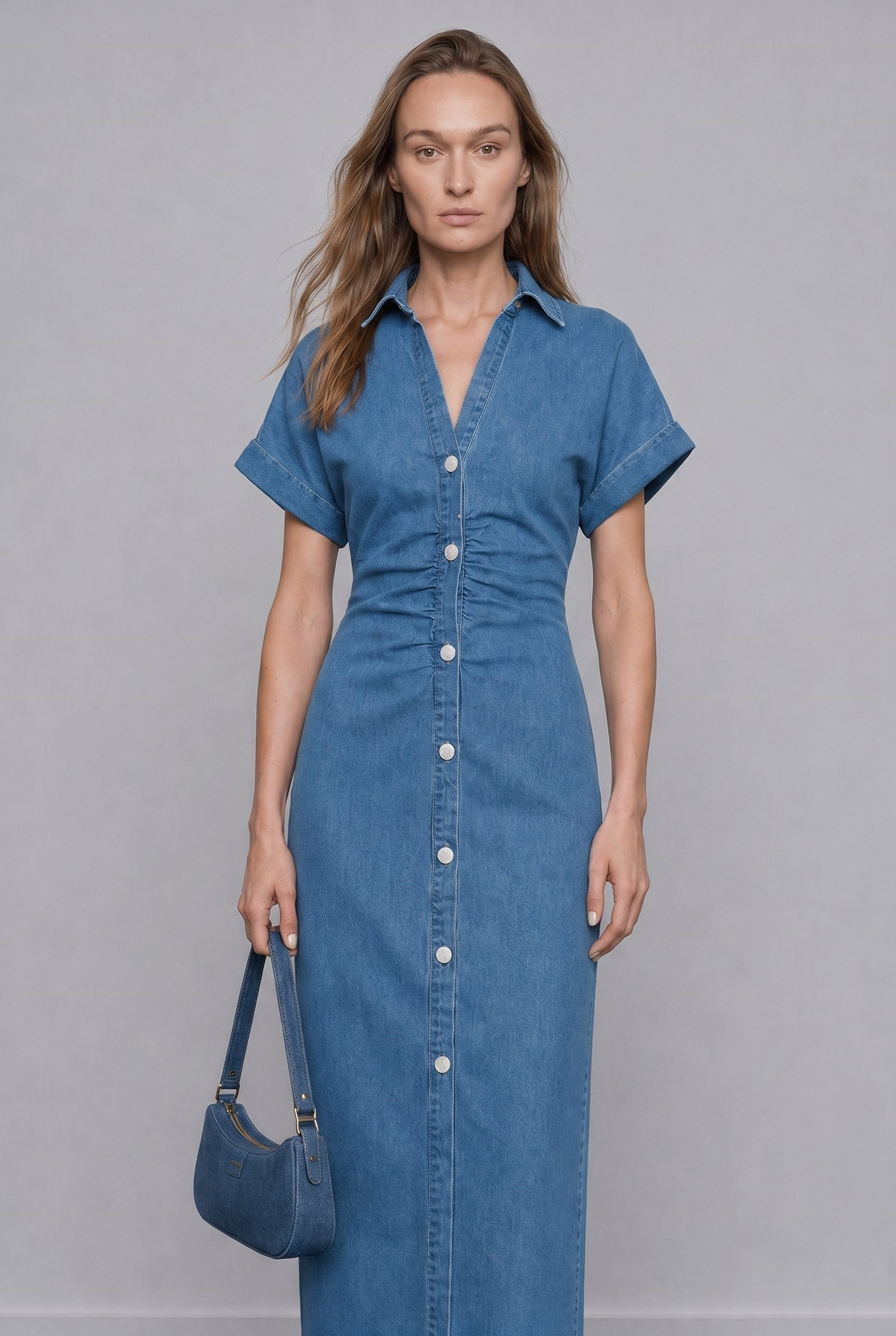 Melinda Drapeli Denim Elbise Mavi