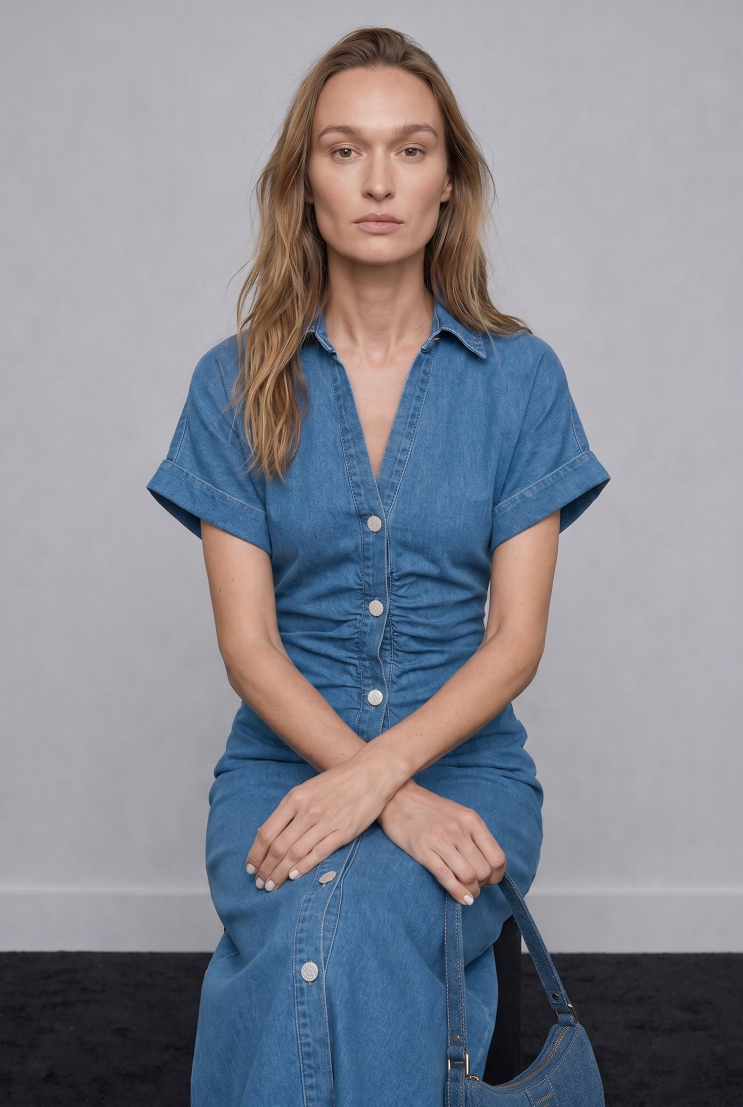 Melinda Drapeli Denim Elbise Mavi