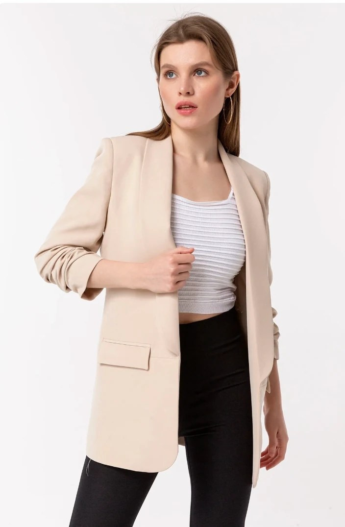 Mia Kolu Büzgülü Blazer Ceket Bej