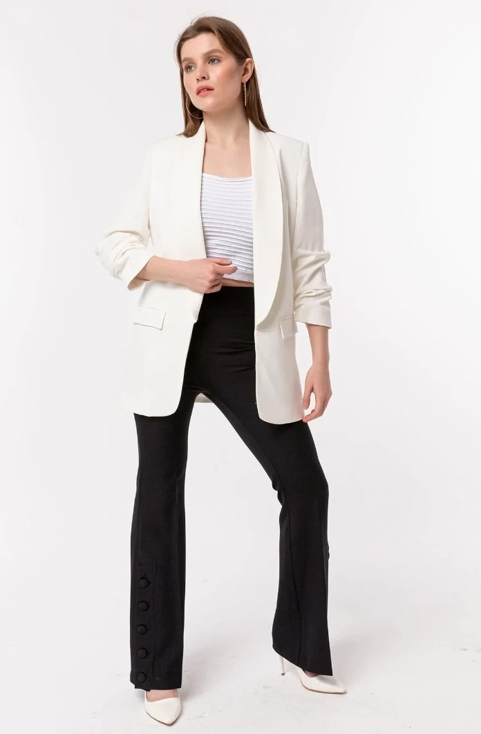 Mia Kolu Büzgülü Blazer Ceket Beyaz