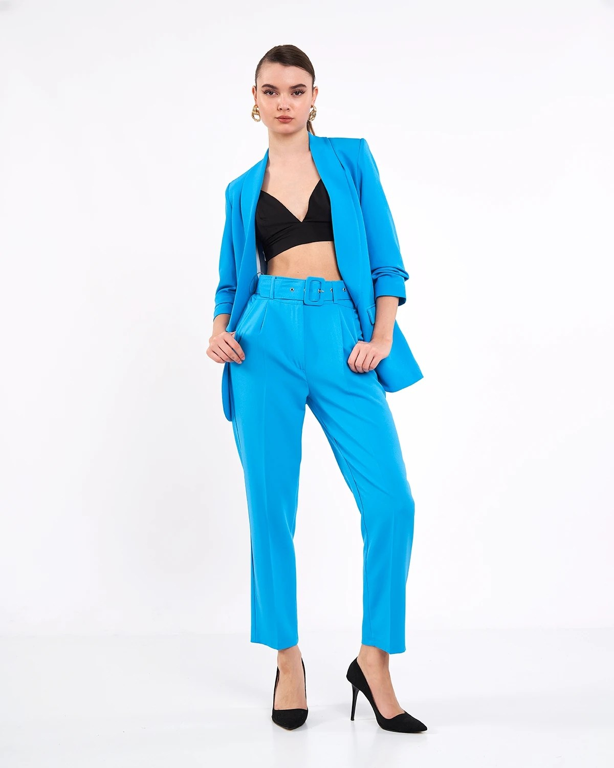Mia Kolu Büzgülü Blazer Ceket Koyu Mavi