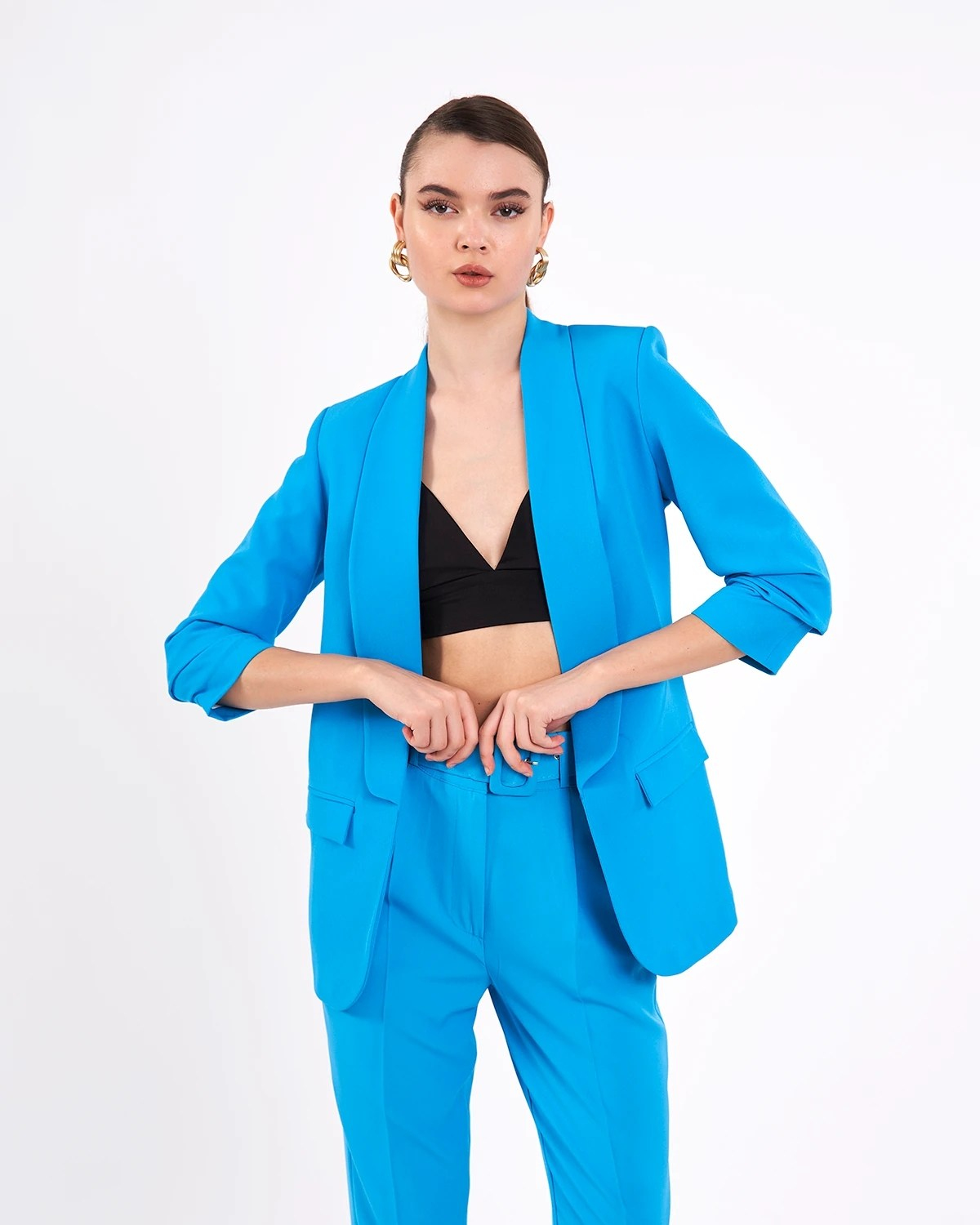 Mia Kolu Büzgülü Blazer Ceket Koyu Mavi