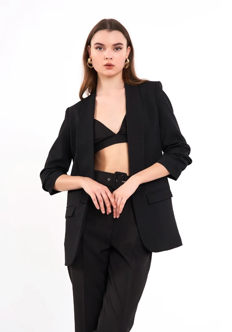 Mia Kolu Büzgülü Blazer Ceket Siyah