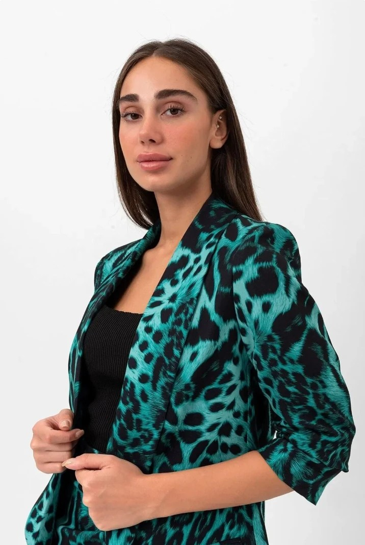 Mia Kolu Büzgülü Desenli Blazer Ceket Yeşil Leopar