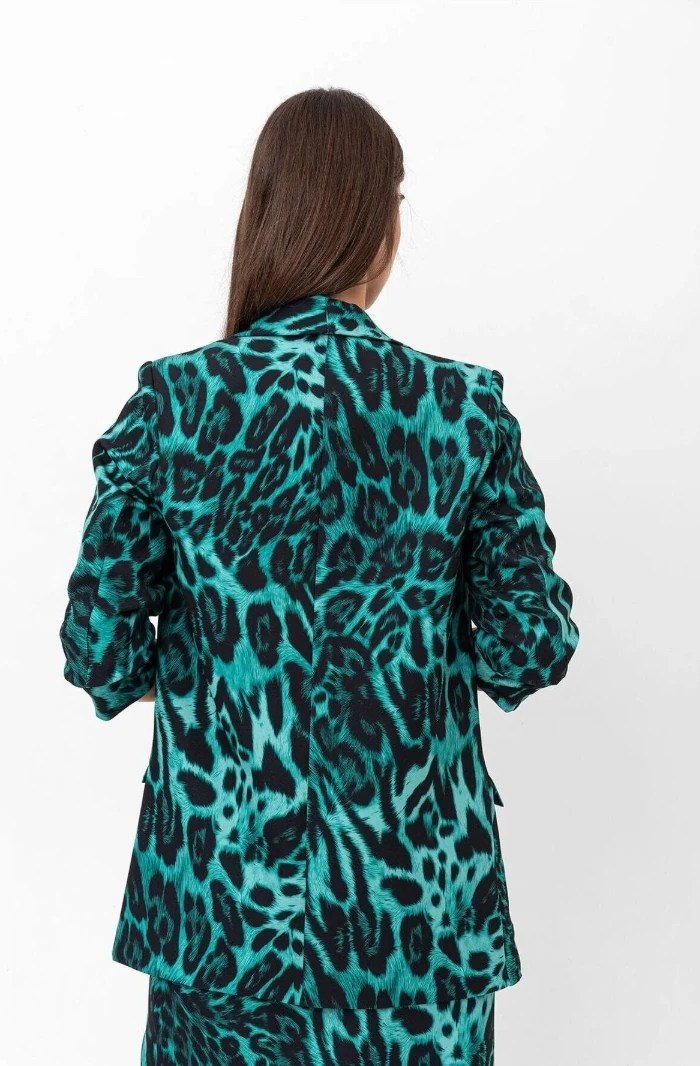 Mia Kolu Büzgülü Desenli Blazer Ceket Yeşil Leopar