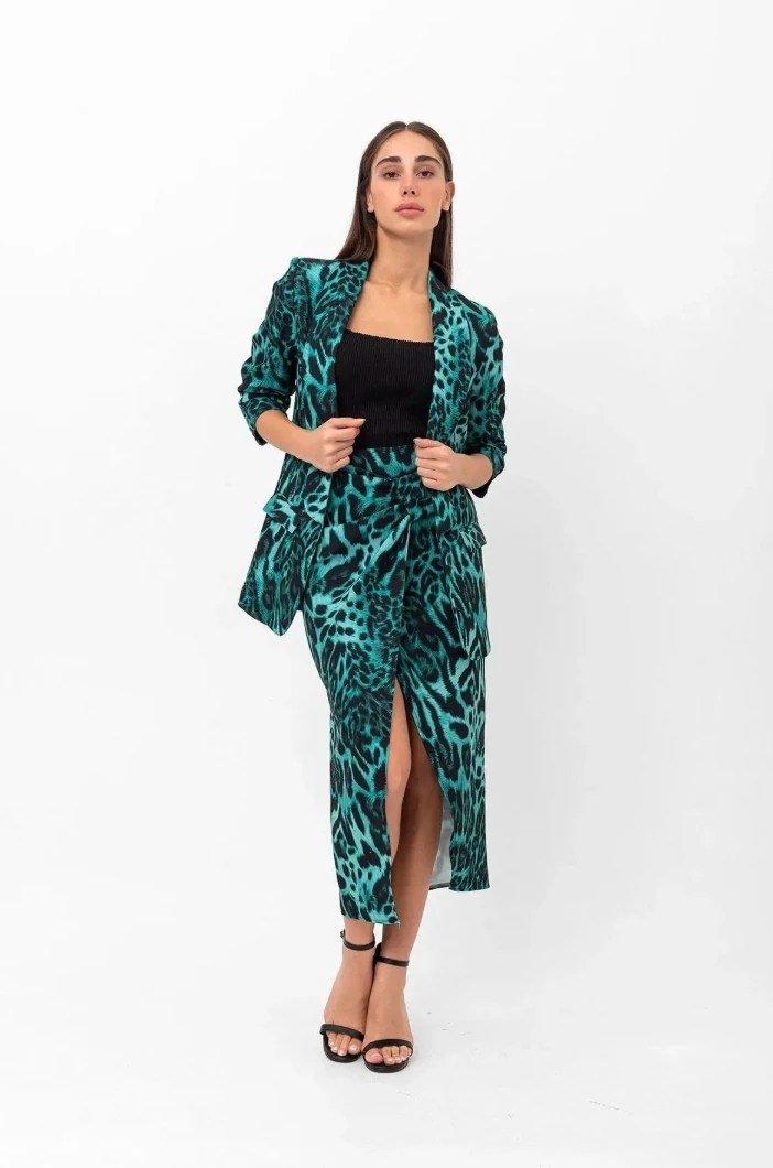 Mia Kolu Büzgülü Desenli Blazer Ceket Yeşil Leopar