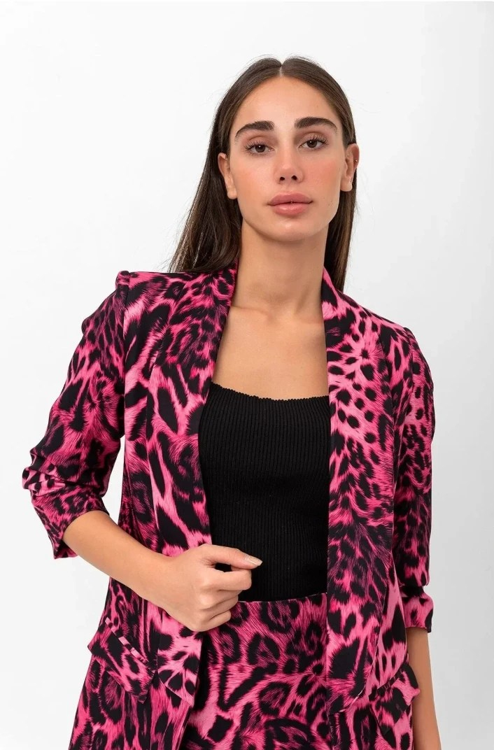 Mia Kolu Büzgülü Desenli Blazer Ceket Pembe Leopar