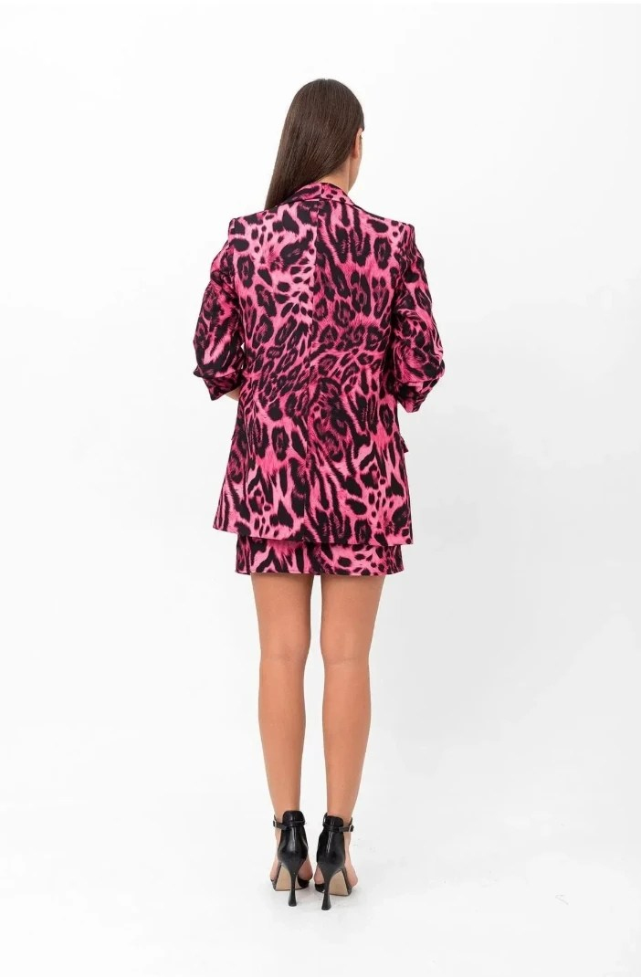 Mia Kolu Büzgülü Desenli Blazer Ceket Pembe Leopar
