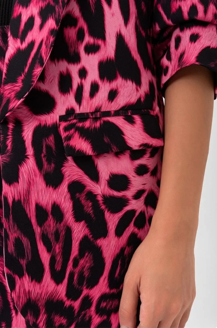Mia Kolu Büzgülü Desenli Blazer Ceket Pembe Leopar