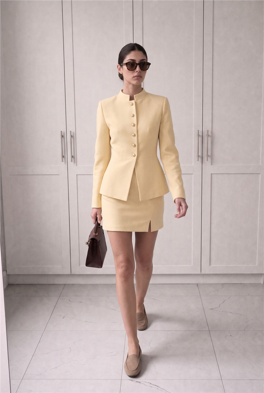 Millie Mücevher Düğmeli Hakim Yakalı Mini Etek Takım Sarı