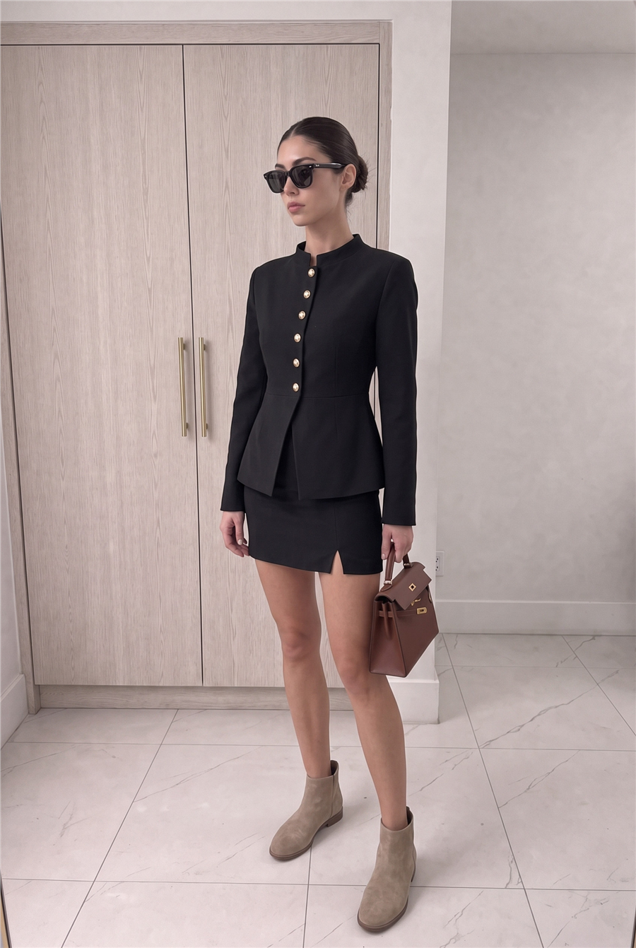 Millie Mücevher Düğmeli Hakim Yakalı Mini Etek Takım Siyah