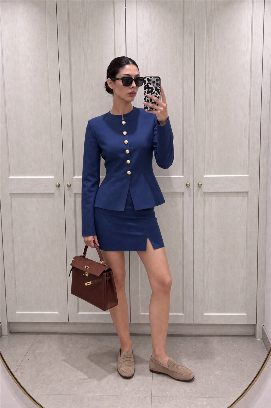 Millie Mücevher Düğmeli Hakim Yakalı Mini Etek Takım Lacivert