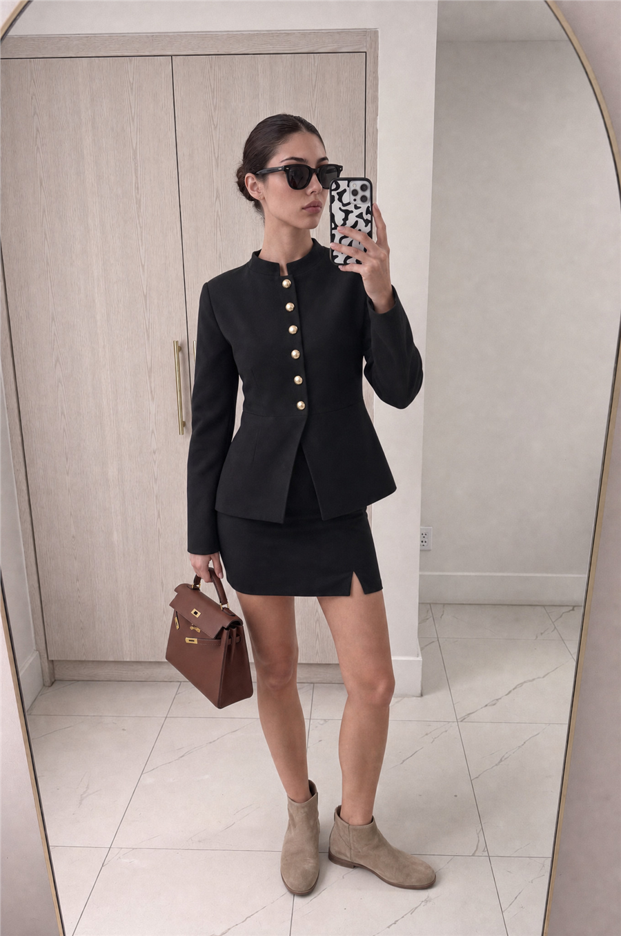 Millie Mücevher Düğmeli Hakim Yakalı Mini Etek Takım Siyah