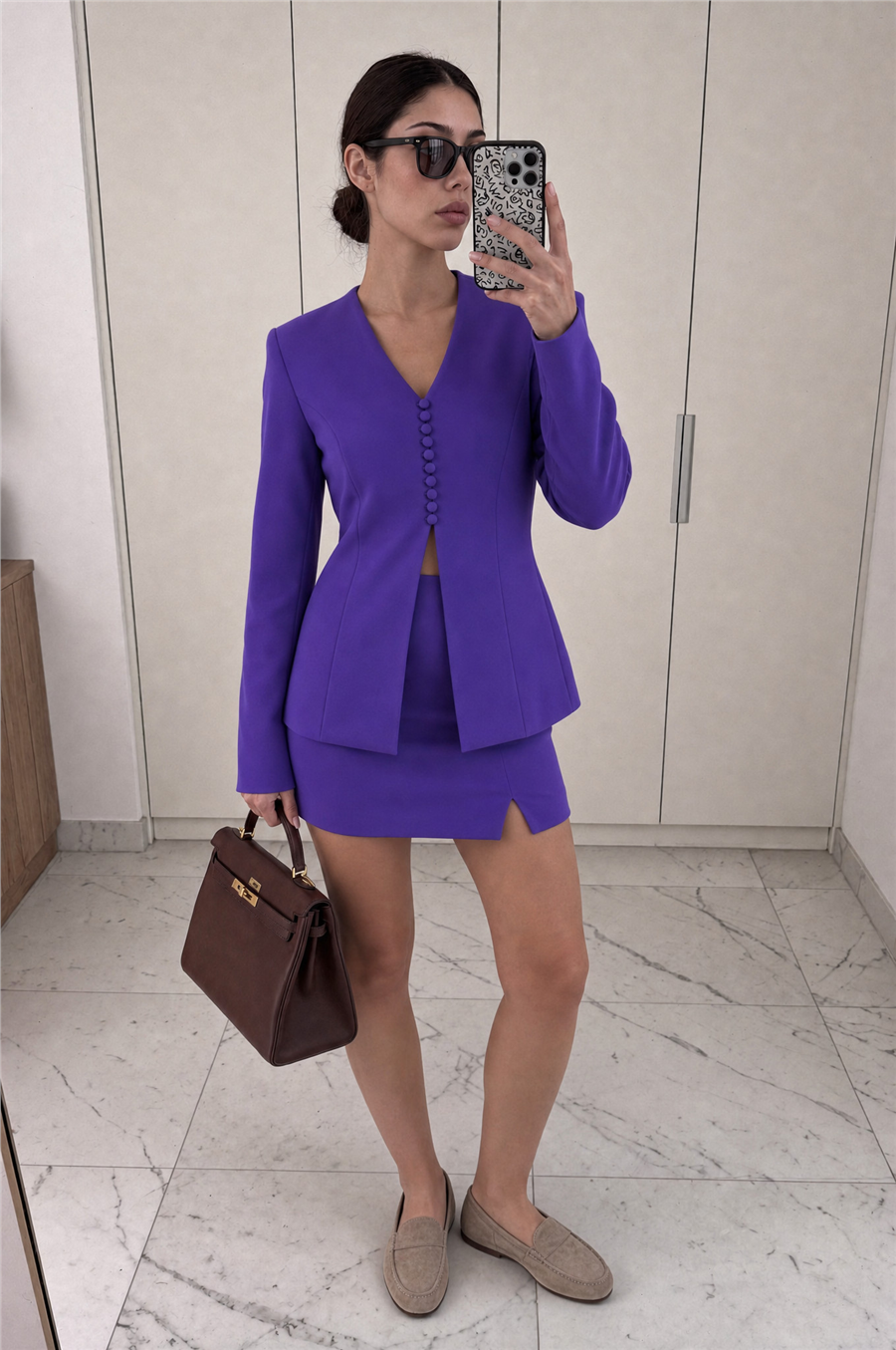 Mindy V Yaka Ceket Mini Etek Takım Mor