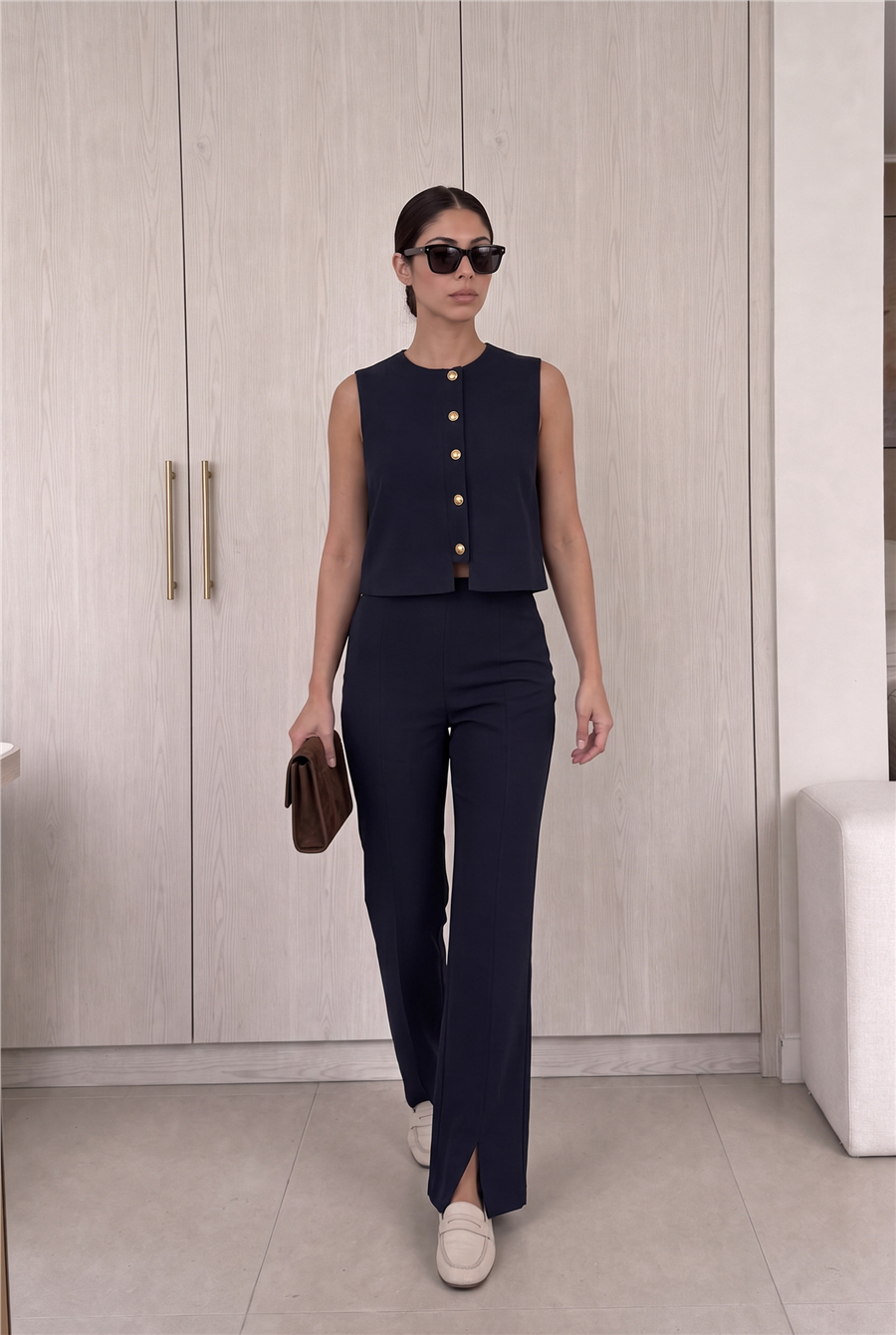Minimal Gold Düğmeli Yelek Pantolon Takım Lacivert