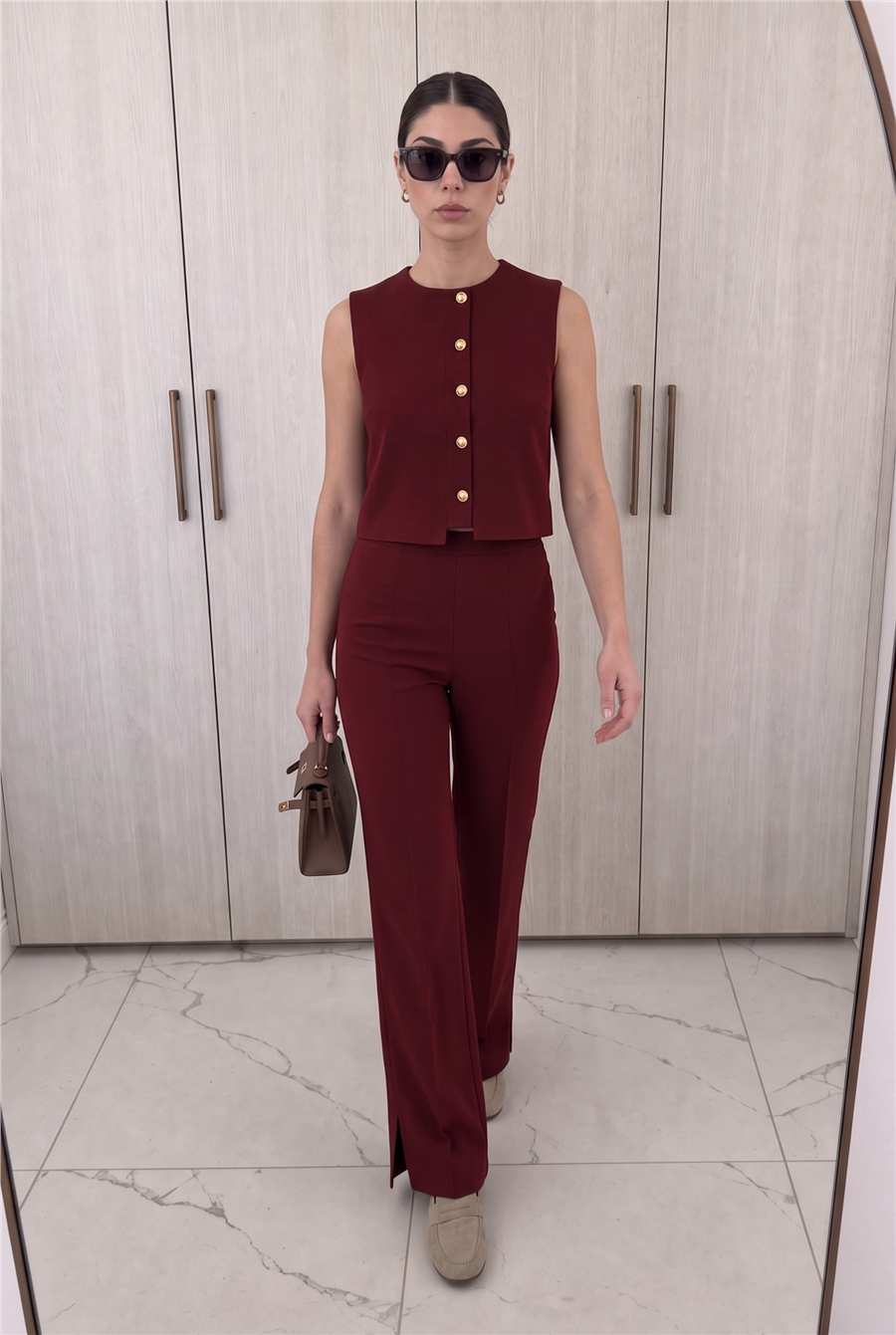 Minimal Gold Düğmeli Yelek Pantolon Takım Bordo