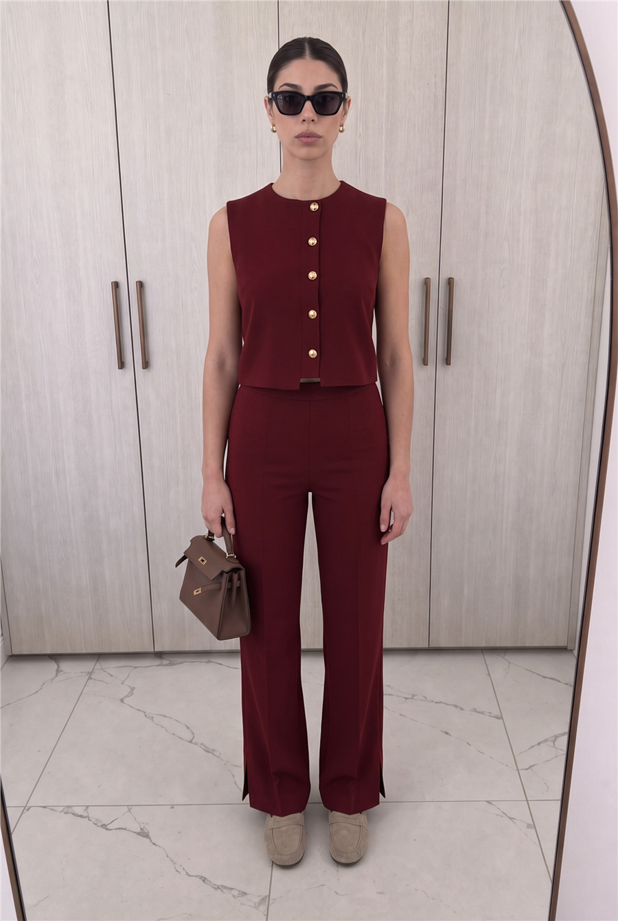 Minimal Gold Düğmeli Yelek Pantolon Takım Bordo
