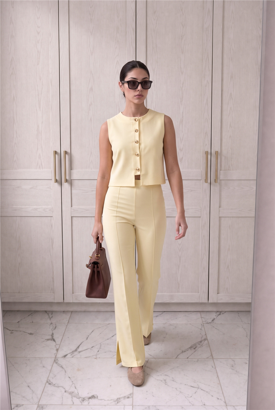 Minimal Gold Düğmeli Yelek Pantolon Takım Sarı