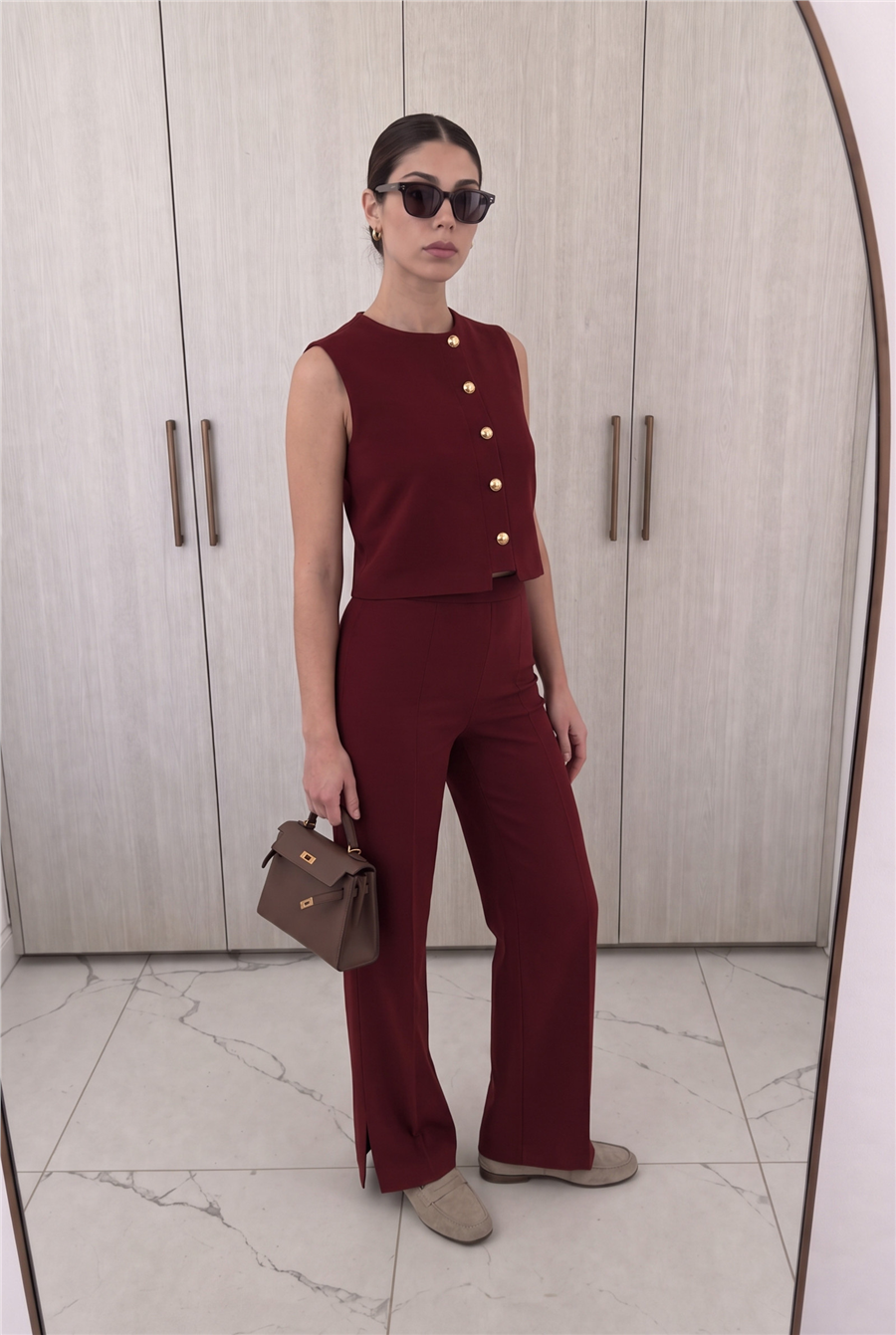 Minimal Gold Düğmeli Yelek Pantolon Takım Bordo
