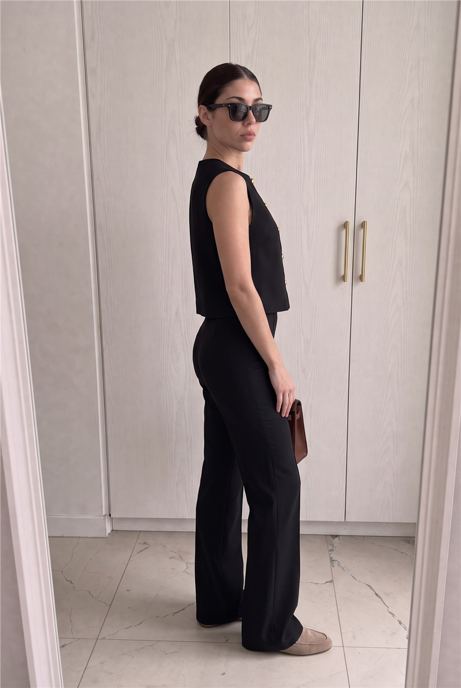 Minimal Gold Düğmeli Yelek Pantolon Takım Siyah