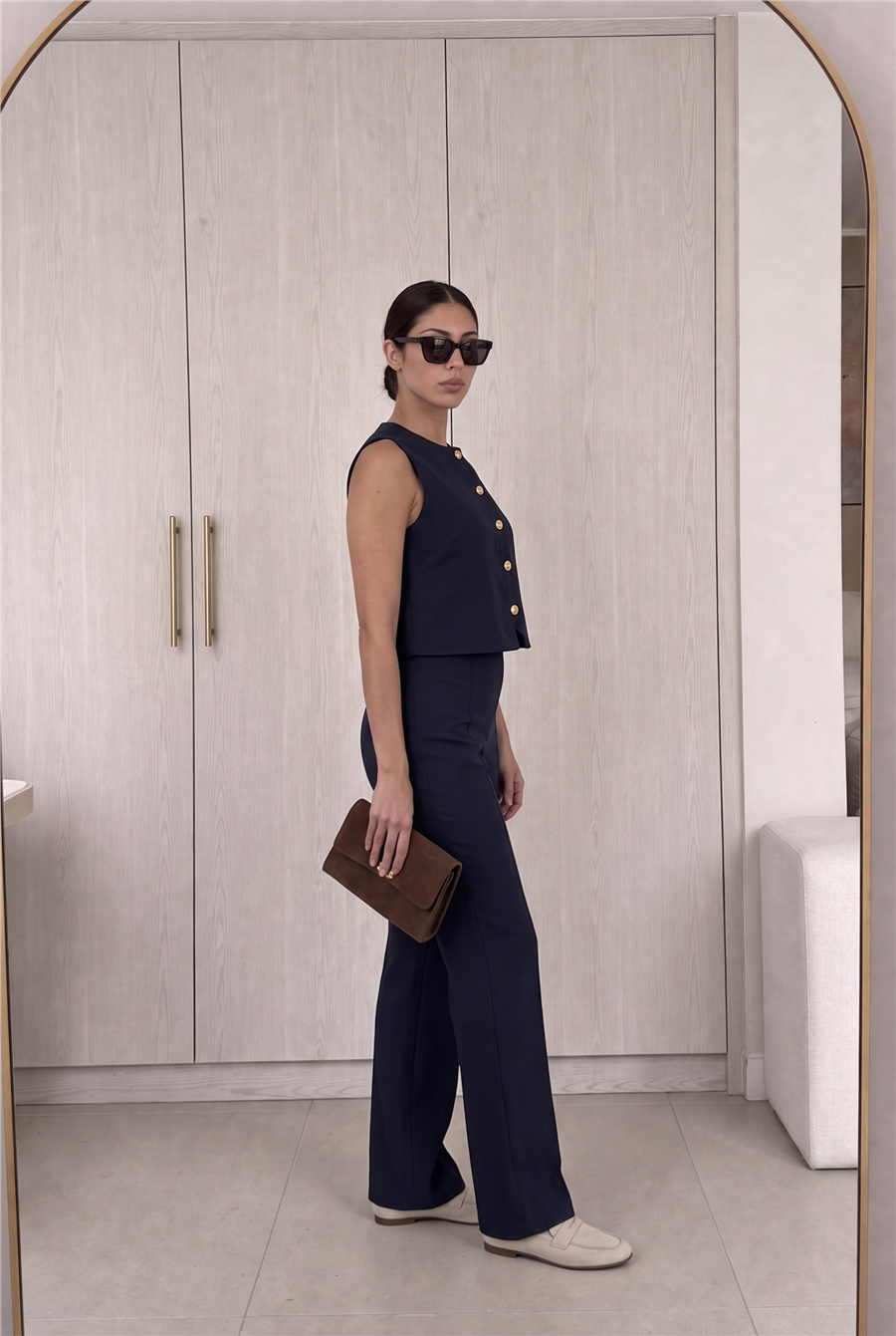 Minimal Gold Düğmeli Yelek Pantolon Takım Lacivert