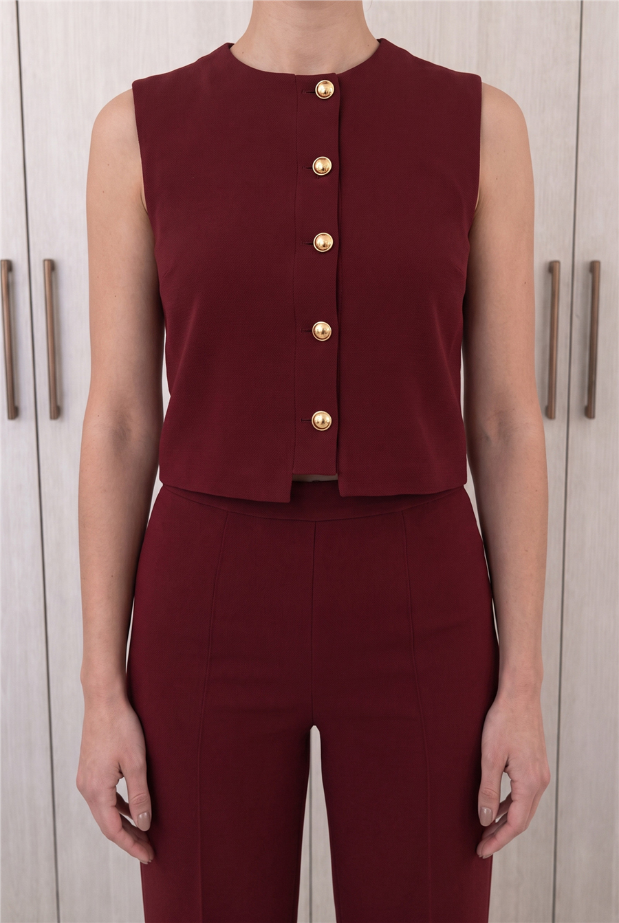 Minimal Gold Düğmeli Yelek Pantolon Takım Bordo