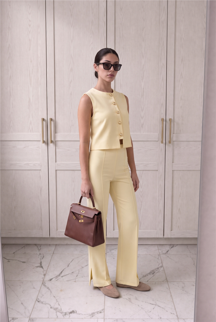 Minimal Gold Düğmeli Yelek Pantolon Takım Sarı
