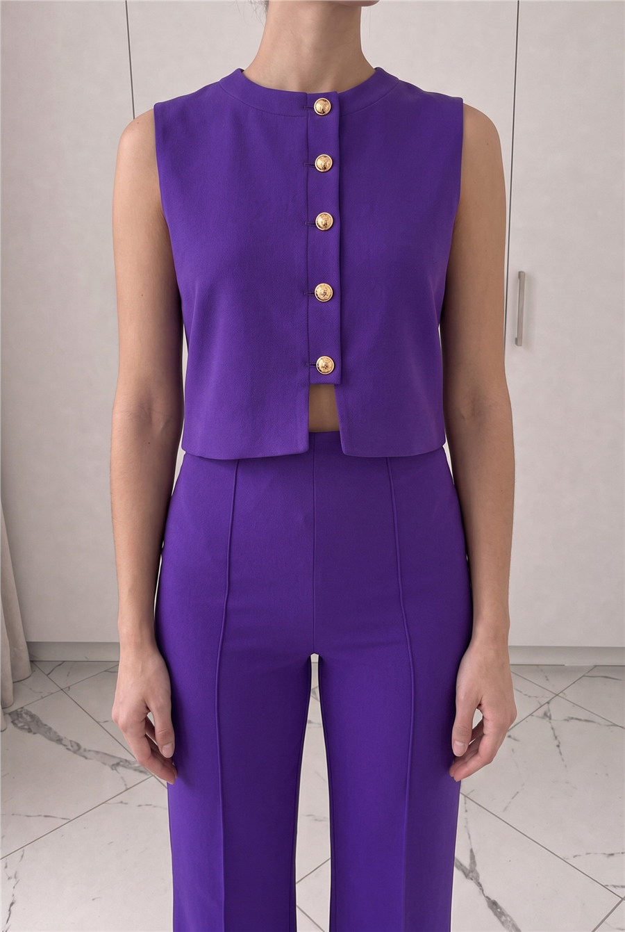 Minimal Gold Düğmeli Yelek Pantolon Takım Mor