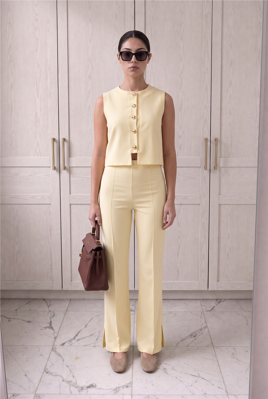 Minimal Gold Düğmeli Yelek Pantolon Takım Sarı
