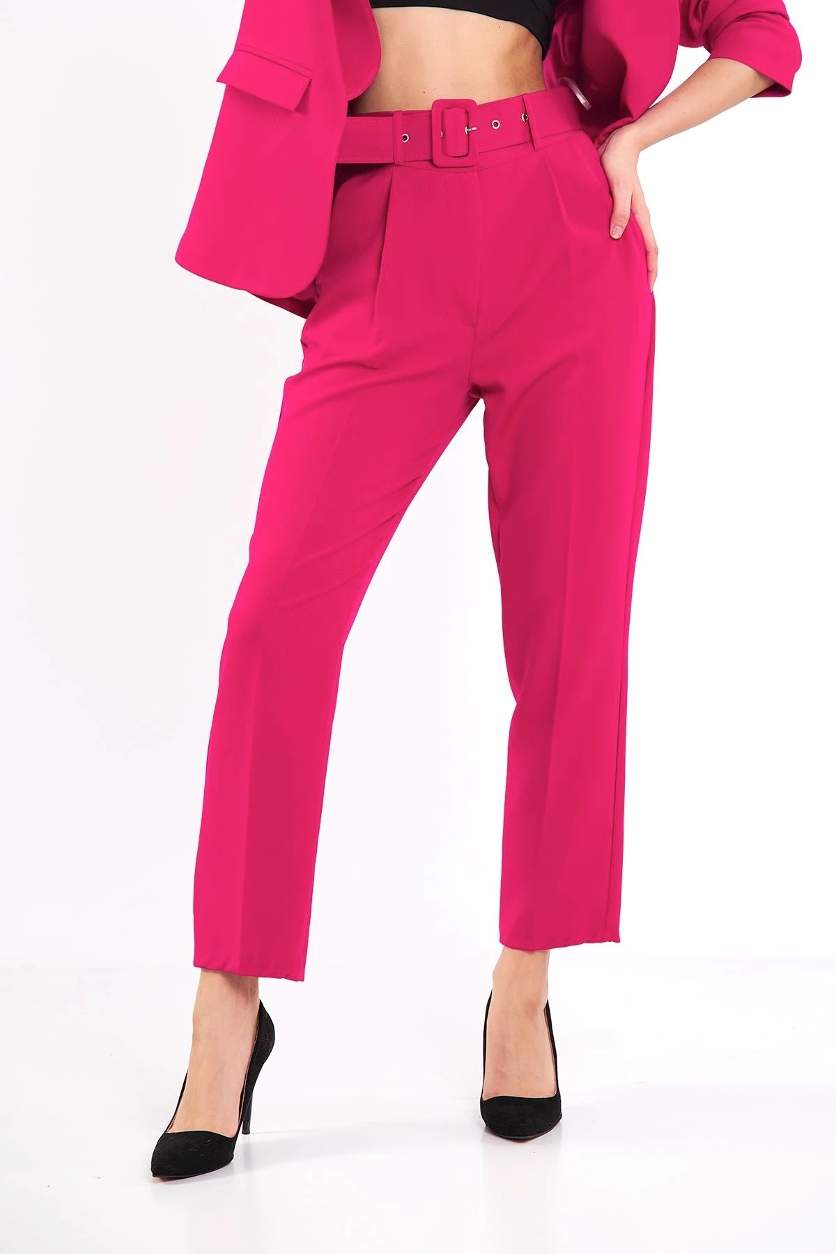 Modern Elegance Kemerli Fuşya Pantolon