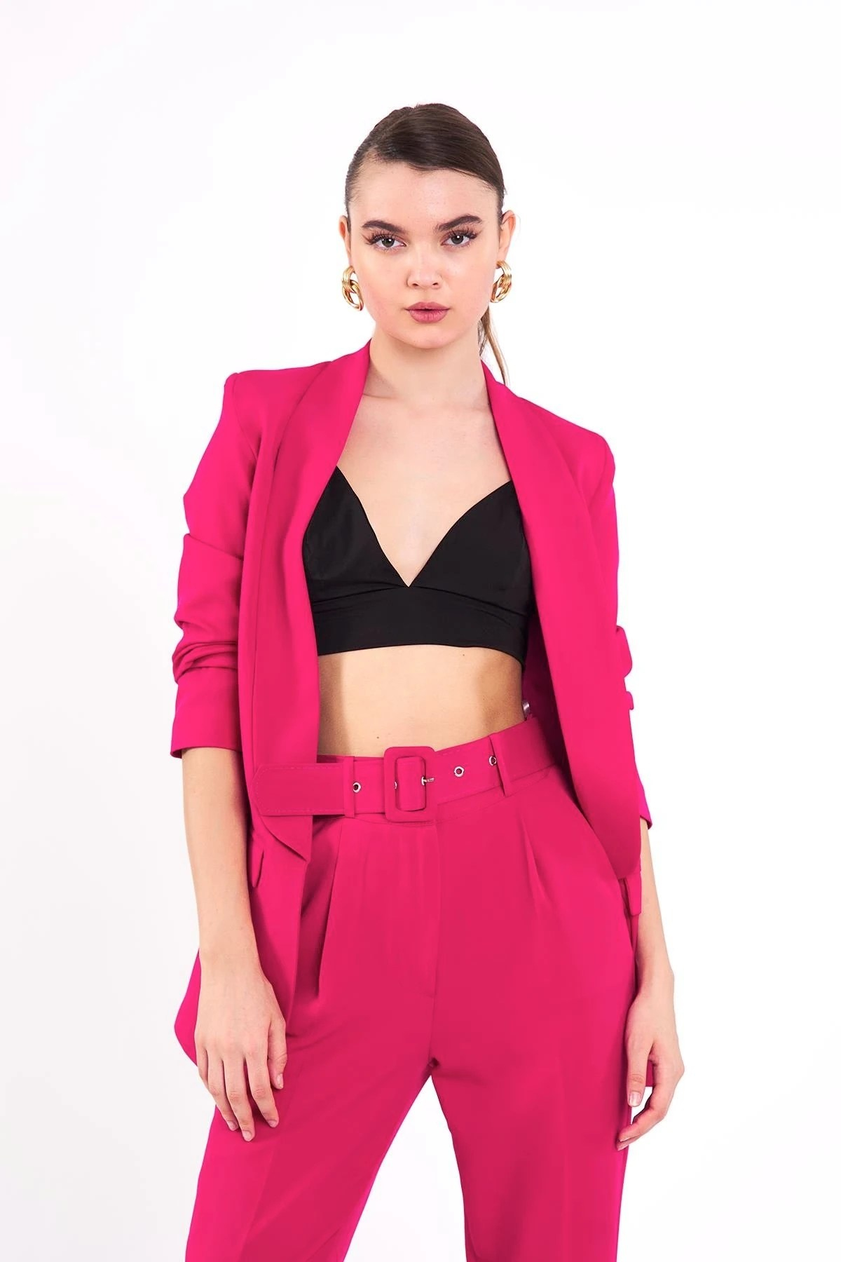 Modern Elegance Kemerli Fuşya Pantolon