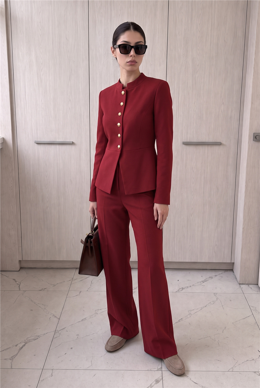 Mücevher Düğmeli Hakim Yaka Ceket Palazzo Pantolon Takım Bordo