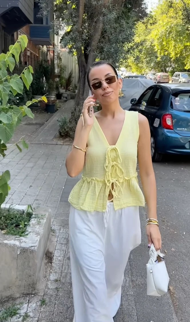 Müslin Bağcıklı Yelek Bluz Sarı