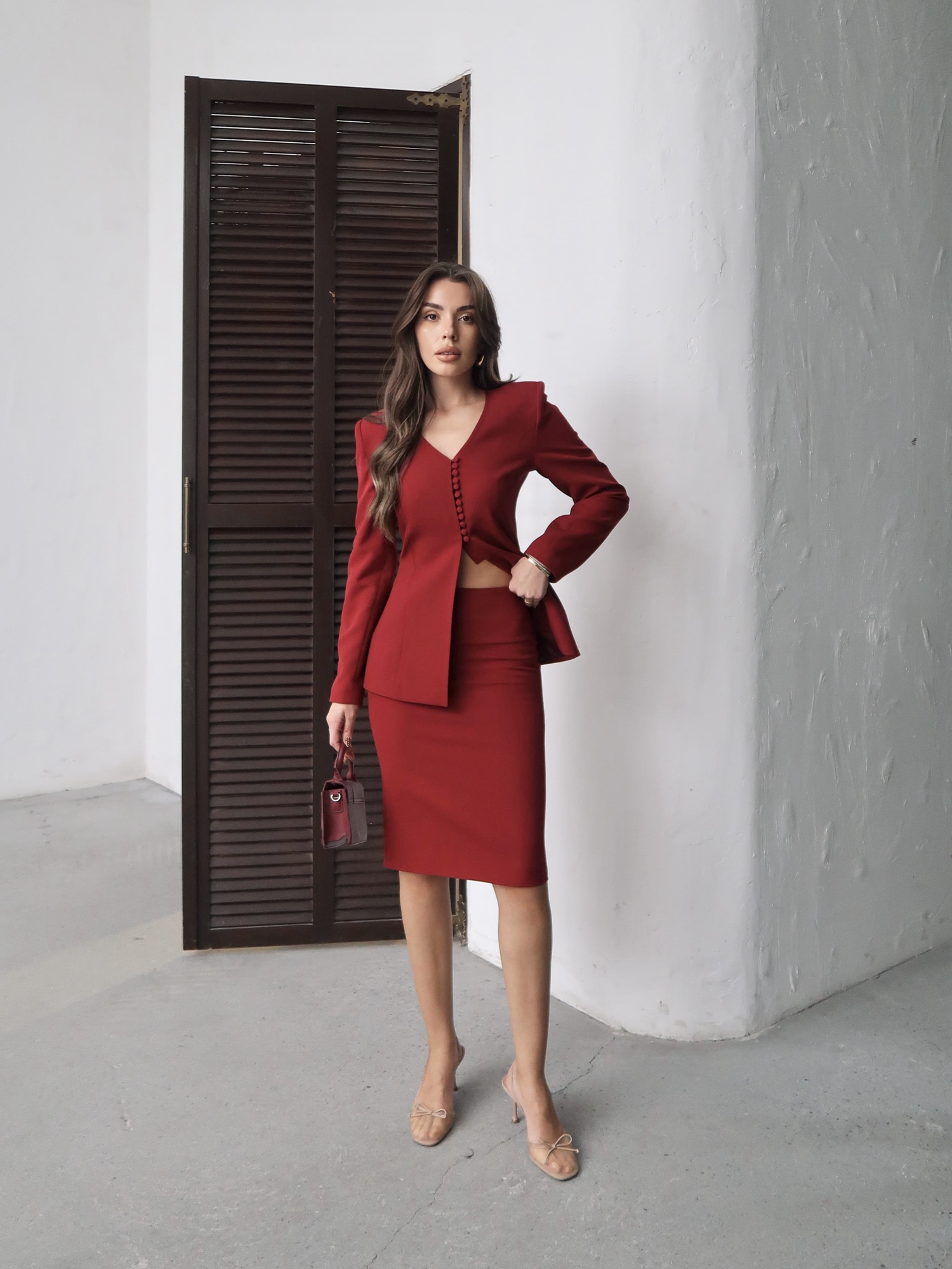 Nicole V Yaka Ceket Midi Etek Takım Bordo