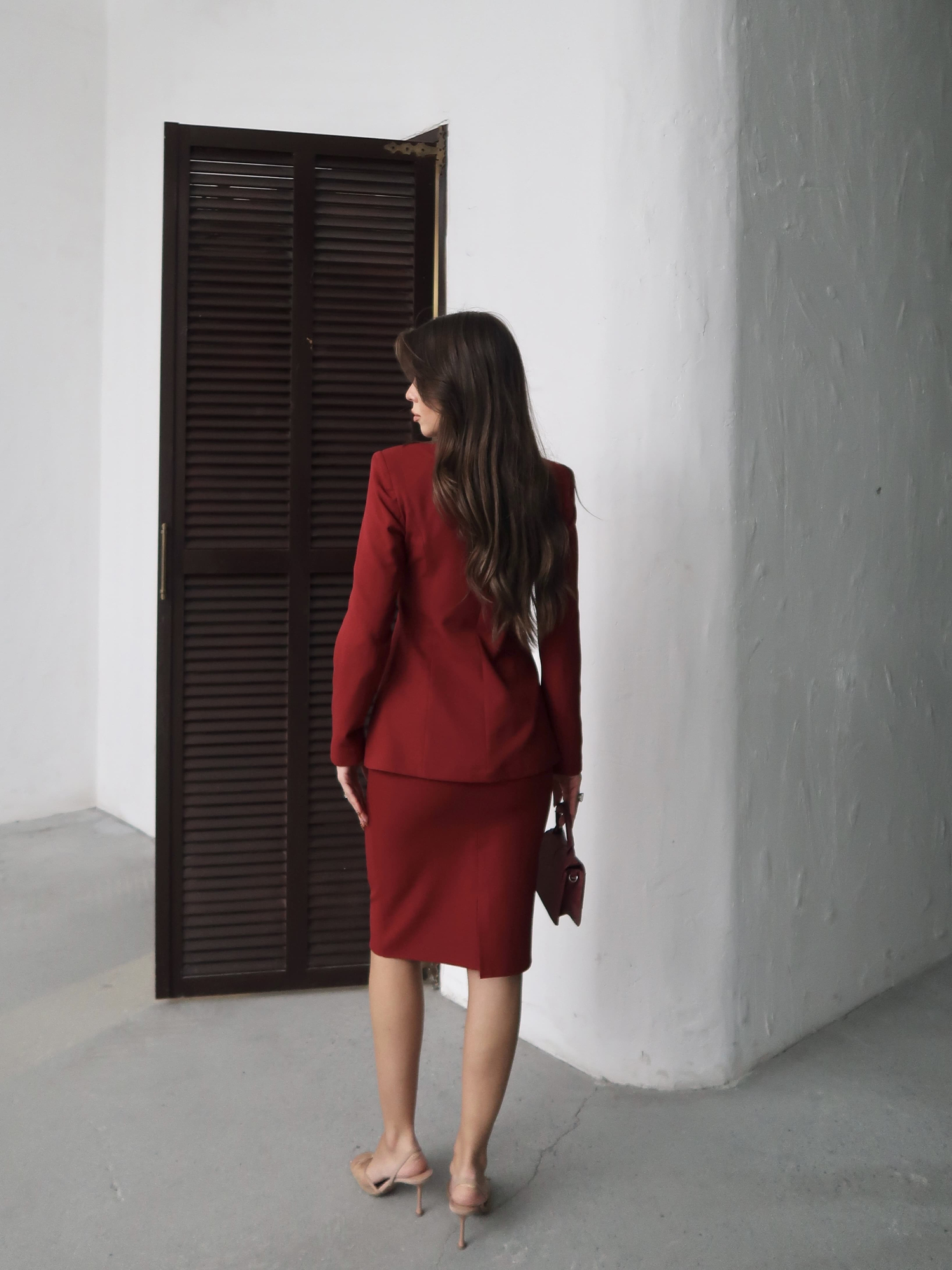 Nicole V Yaka Ceket Midi Etek Takım Bordo