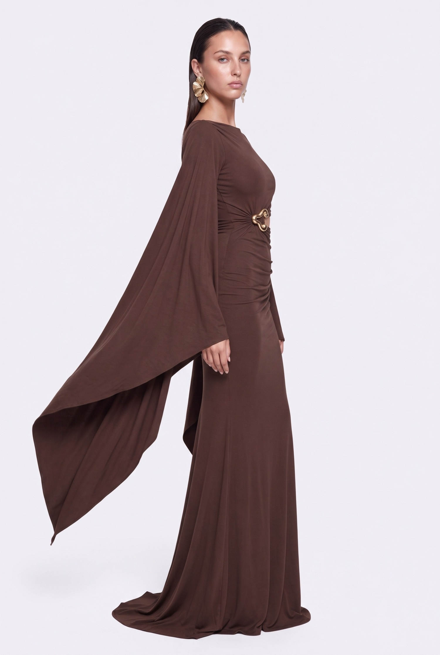 Noire Cape Cut-Out Uzun Elbise Kahverengi
