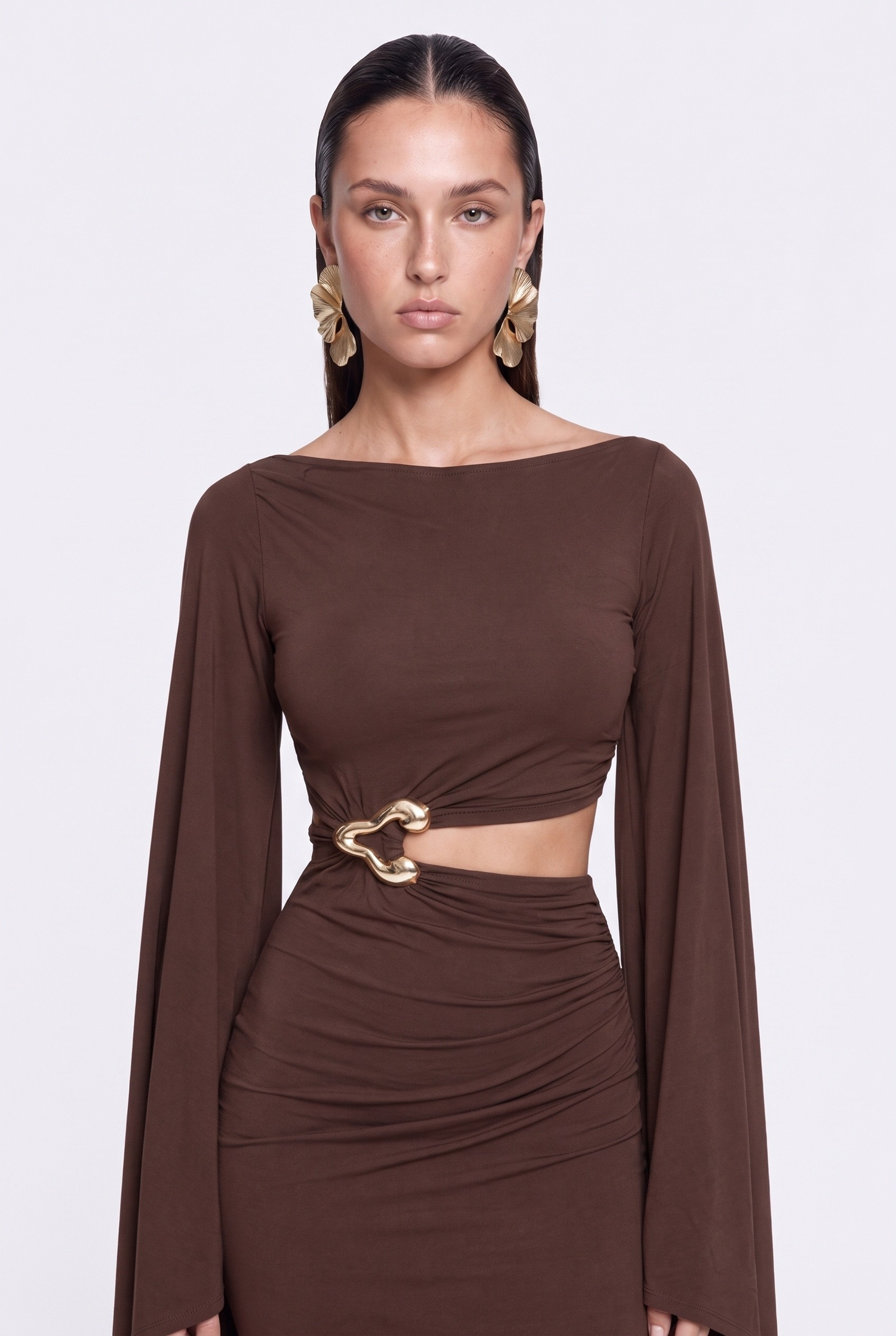 Noire Cape Cut-Out Uzun Elbise Kahverengi
