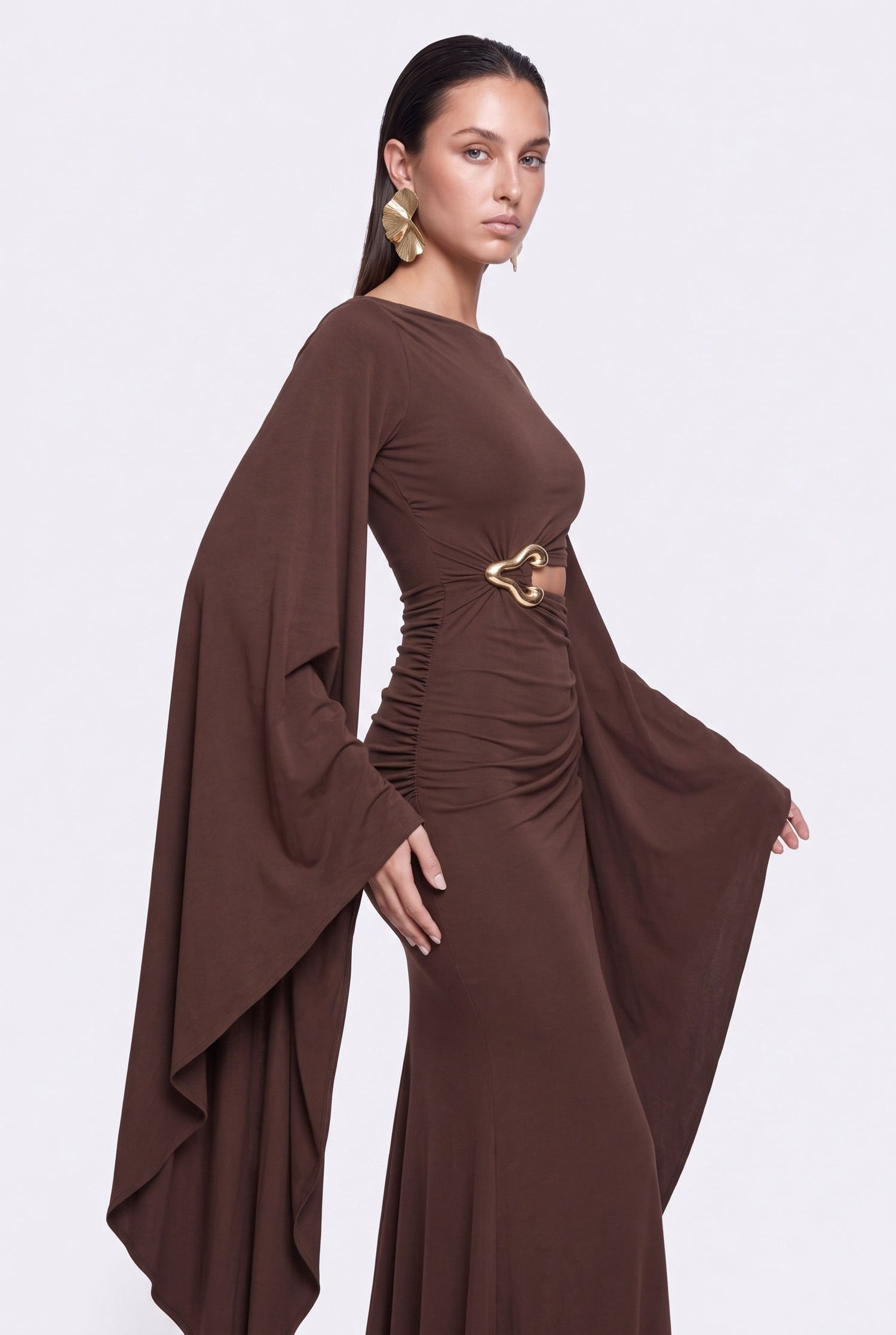 Noire Cape Cut-Out Uzun Elbise Kahverengi