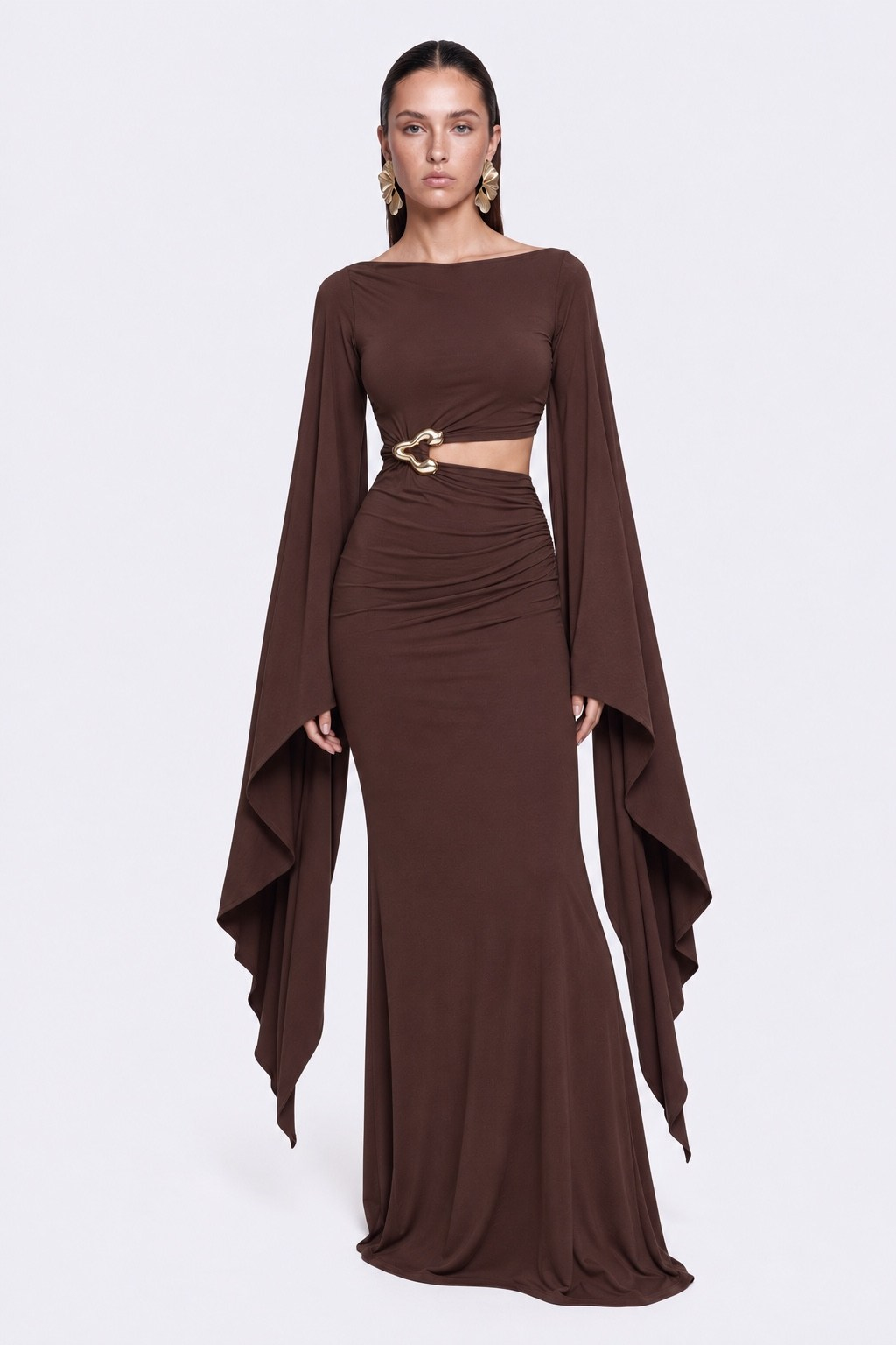Noire Cape Cut-Out Uzun Elbise Kahverengi