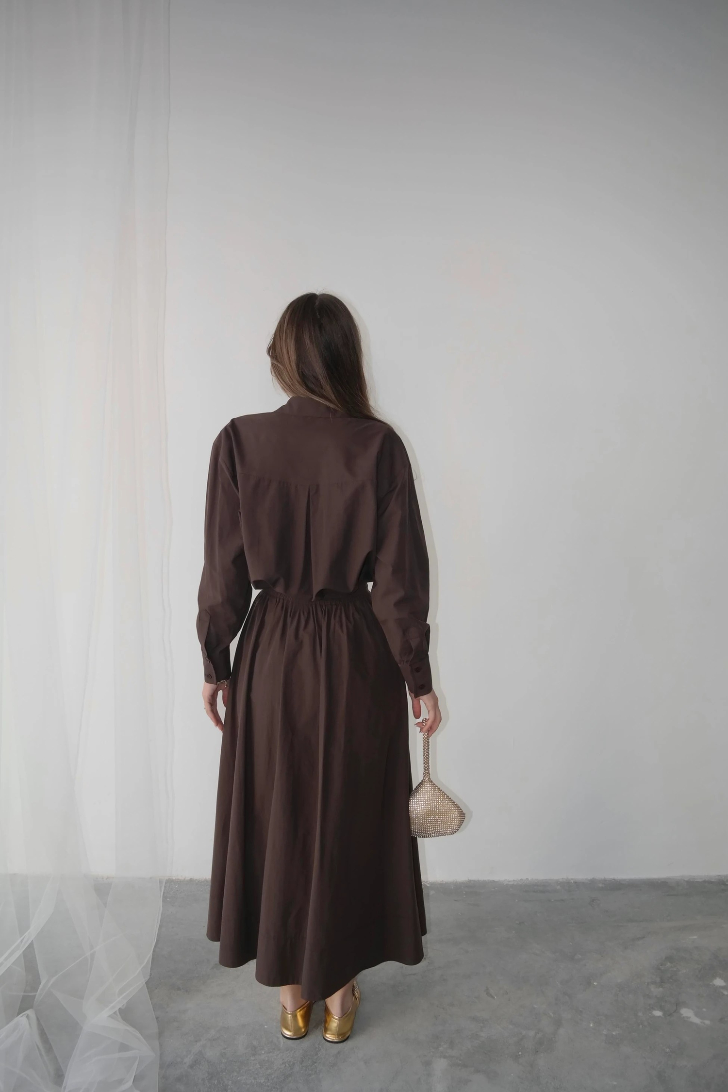 Oversize Düğmeli Kısa Gömlek Kahve