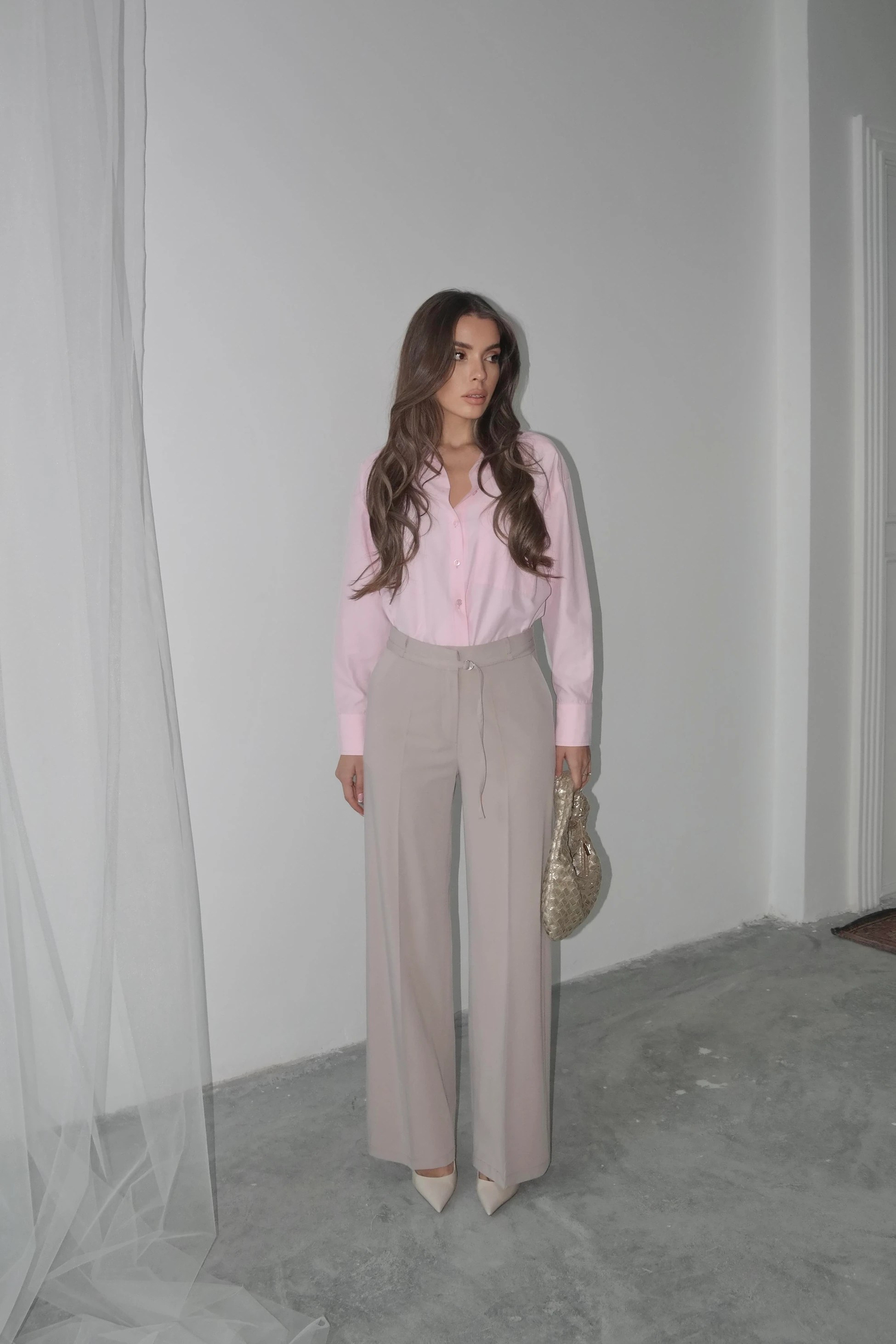 Oversize Düğmeli Kısa Gömlek Pudra