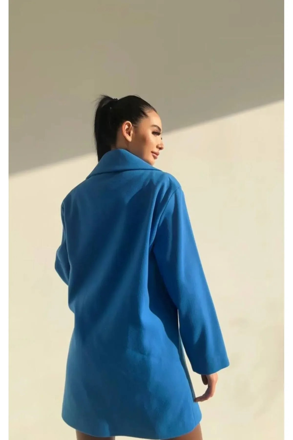 Oversize Geniş Kesim Düğmeli Kısa Kaşe Kaban Mavi