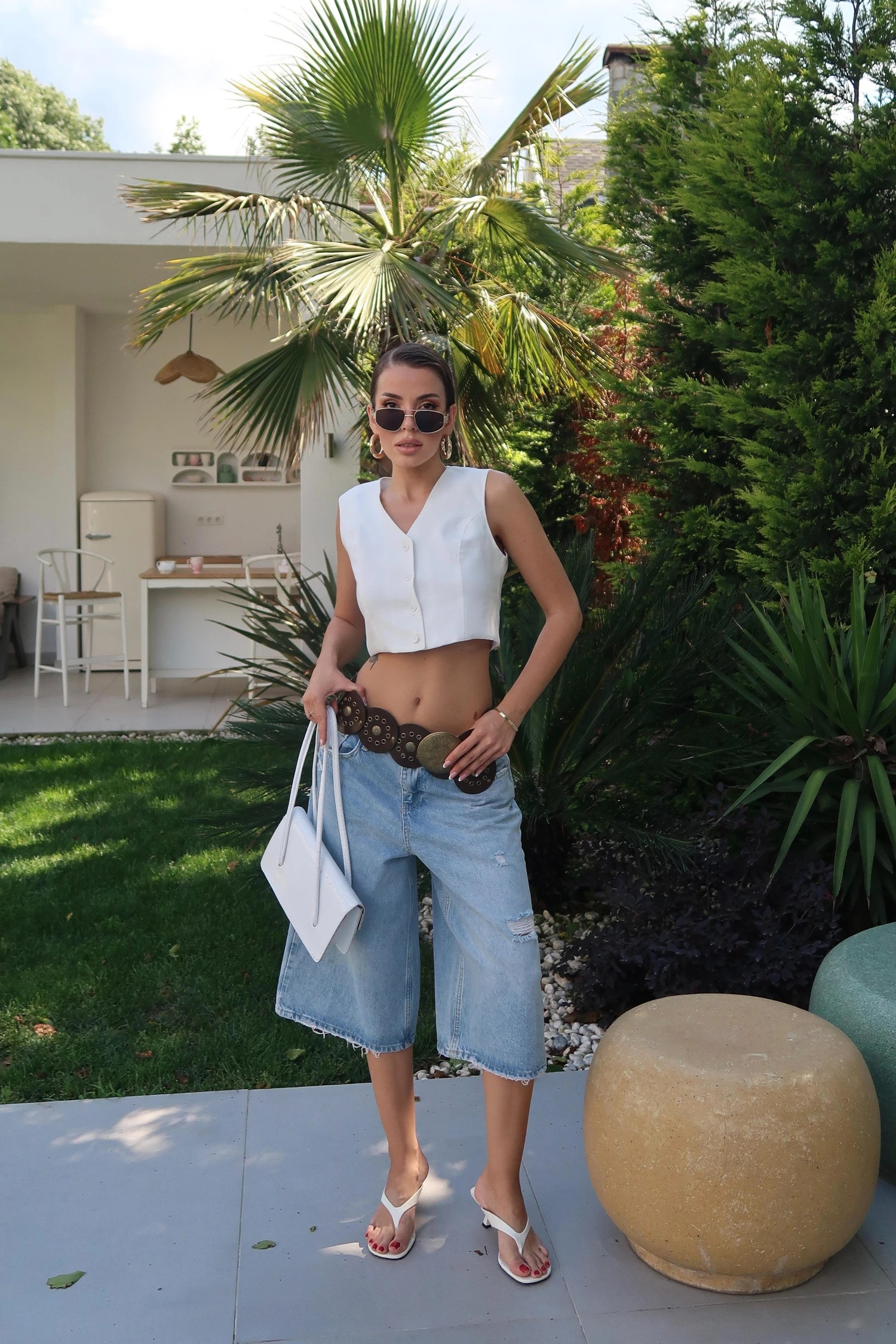 Palma Summer Julie Keten Crop Beyaz Yelek