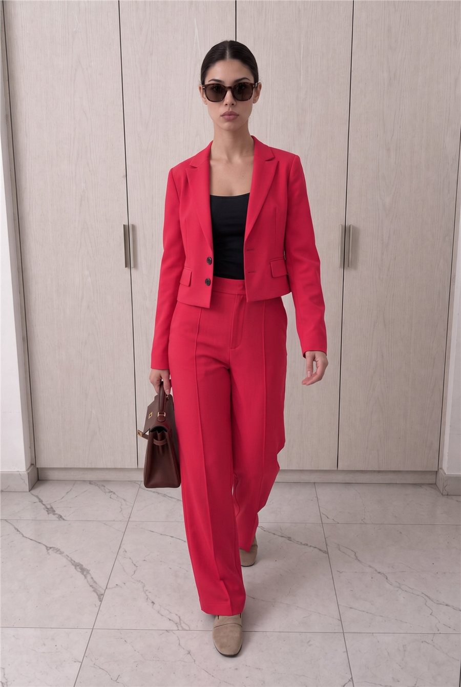 Pembe Rengi Kruvaze Kesim Ceket Pantolon Takım