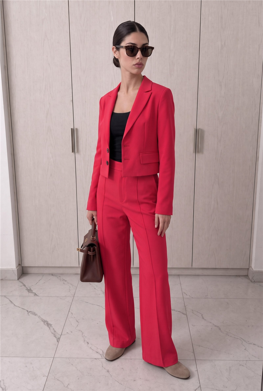 Pembe Rengi Kruvaze Kesim Ceket Pantolon Takım